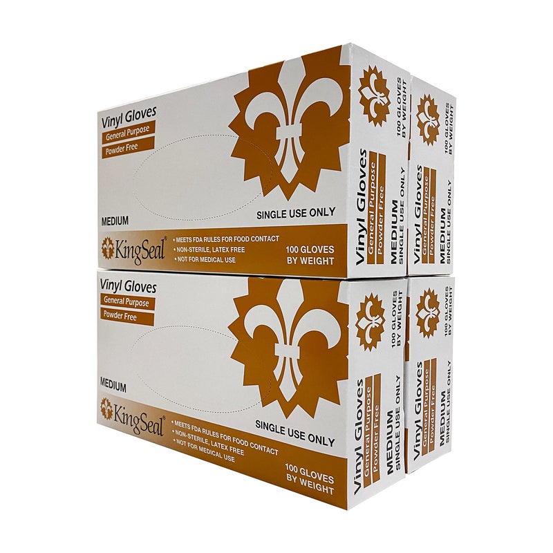 KingSeal MEDIUM Vinyl Disposable Gloves, Powder-Free and Latex-Free, 4 mil, Clear - 4 Boxes of 100 Gloves by Weight (400 Count) - Image 1